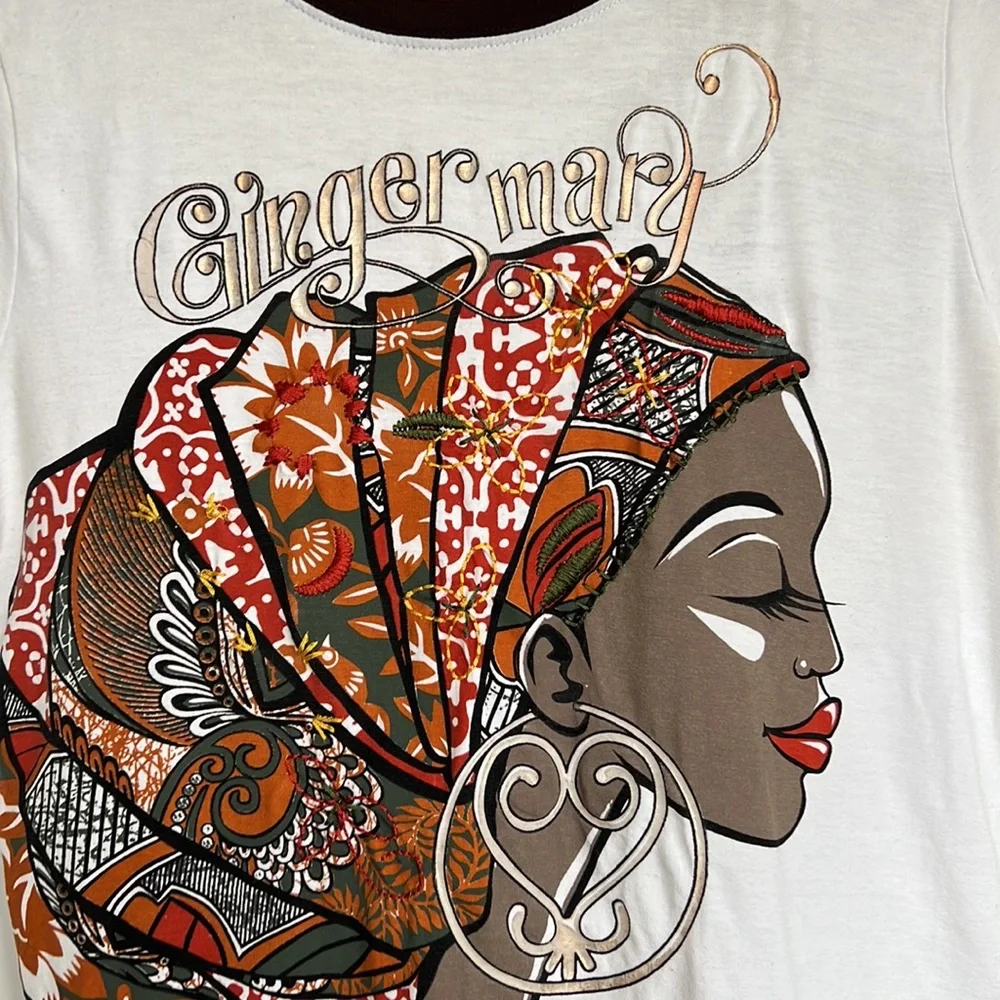 Ginger Mary African Print T-Shirt Women’s 8 / Medium White Brown Orange Stitches - Picture 4 of 9